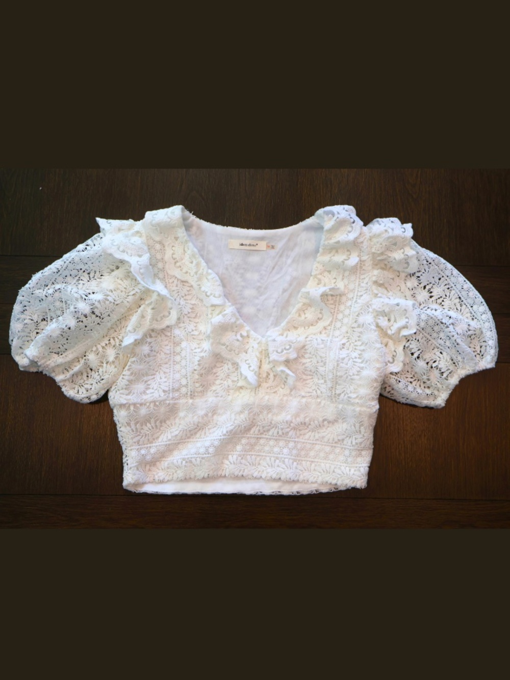 Idem Ditto White Lace Crop Top M Puff Sleeve Ruffle Romantic Cottagecore